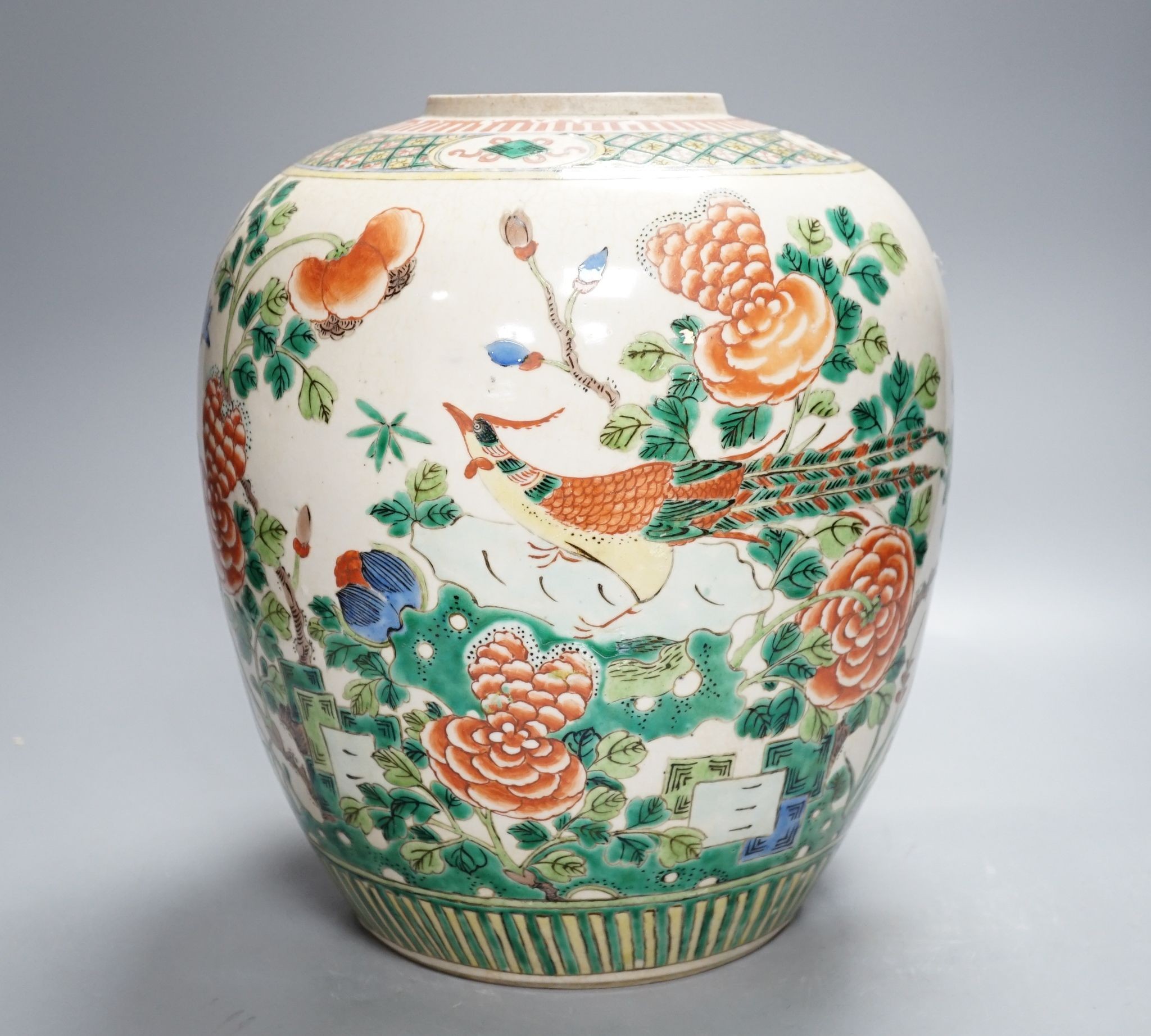 An early 20th century Chinese famille verte crackle glaze jar, 30cm